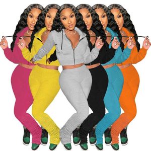 2021 Stack Joggers Women Matching Zipper Jogging Suit Custom Logo Sweatshirt Jogger