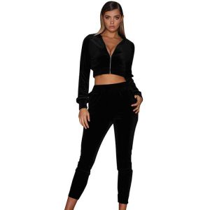 2021Fall Solid Color Womens Crop Sweatshirt And Sweatpants