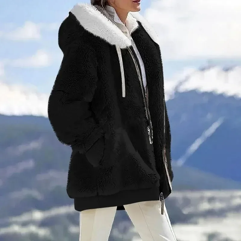 Autumn Winter Fashion Women's Coat New Casual Hooded Zipper Ladies Clothes Cashmere Women Fleece Jacket Solid Color Ladies Coats