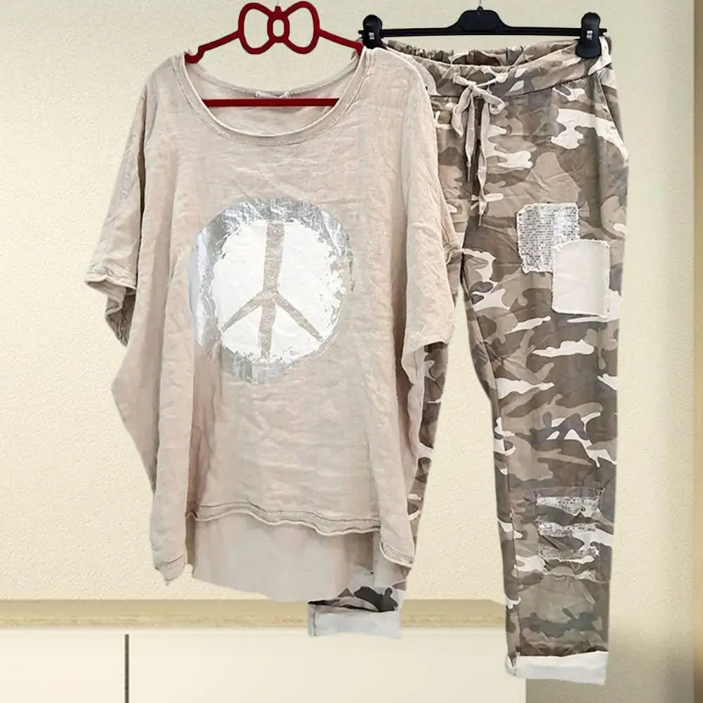 1 Set T-shirt Pants  O-Neck   Two Piece Set Asymmetrical Lace-up T-shirt Pants