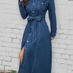 Stylish Long Sleeve Denim Dress - Breathable, Elegant, and Fitted with Flap Pocket, Lace-Up Closure, and Ball Gown Hem - Perfect for Spring and Fall Seasons