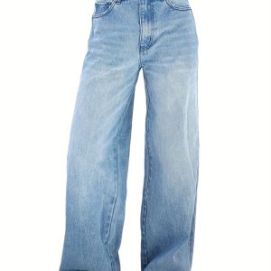 2022 Trendy Wide-Leg Jeans - Breathable, Casual, Loose-Fit, Summer Spring Fashion Denim Long Trousers with Pockets, Comfortable, Stylish, and Versatile for Women