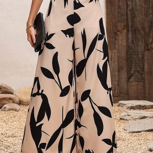 1 Piece Casual Elegant High Waist Drape Slim Women's Trousers Leaf Print Holiday Wide Leg Pants