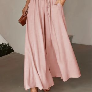Stretchy Wide Leg Tied Pants for Women - Comfortable, Loose Fit, Elastic Waistband, Perfect for Spring and Summer - Casual, Versatile, and Chic Women's Clothing